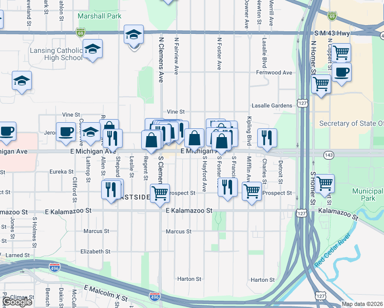 map of restaurants, bars, coffee shops, grocery stores, and more near 2110 East Michigan Avenue in Lansing