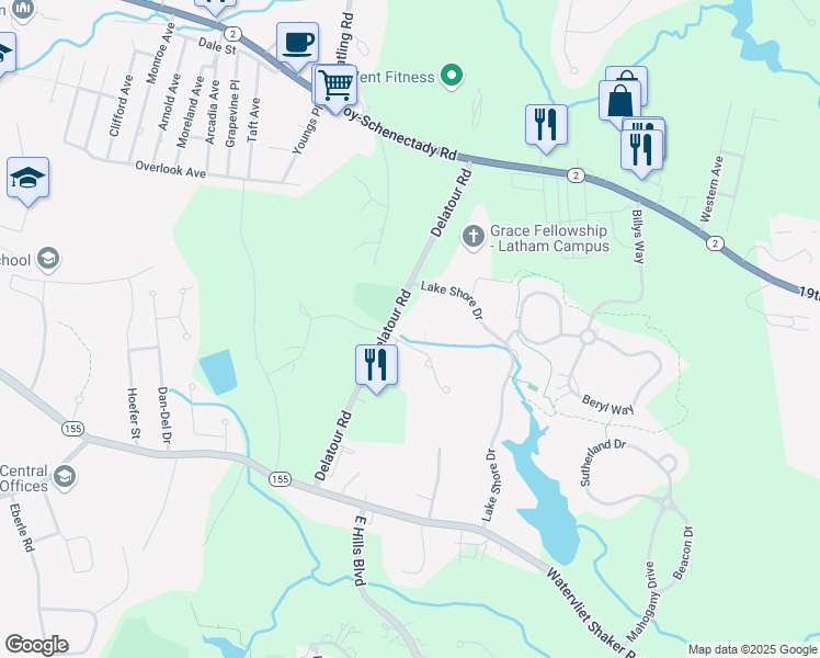 map of restaurants, bars, coffee shops, grocery stores, and more near 40 Delatour Road in Watervliet