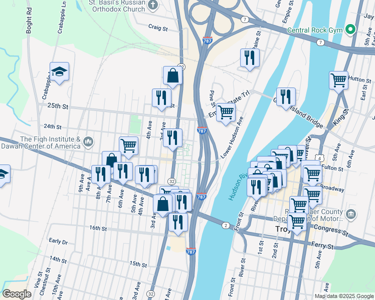 map of restaurants, bars, coffee shops, grocery stores, and more near 2332 Broadway in Watervliet
