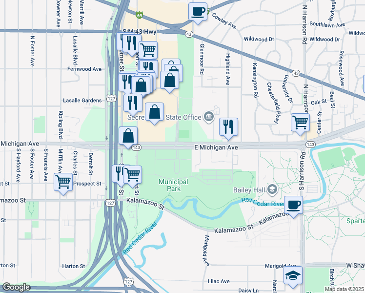 map of restaurants, bars, coffee shops, grocery stores, and more near 3876 East Michigan Avenue in Fort Myers