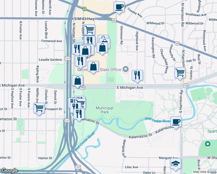 map of restaurants, bars, coffee shops, grocery stores, and more near 3876 East Michigan Avenue in Fort Myers