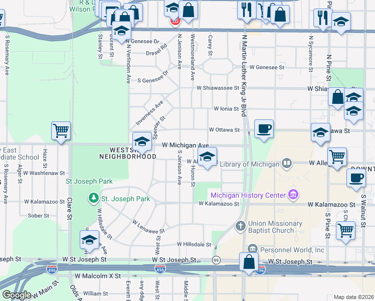 map of restaurants, bars, coffee shops, grocery stores, and more near 1323 West Michigan Avenue in Lansing