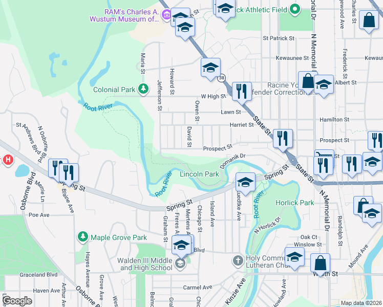 map of restaurants, bars, coffee shops, grocery stores, and more near 2321 Prospect Street in Racine