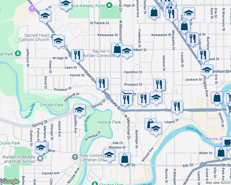 map of restaurants, bars, coffee shops, grocery stores, and more near 1618 West Street in Racine