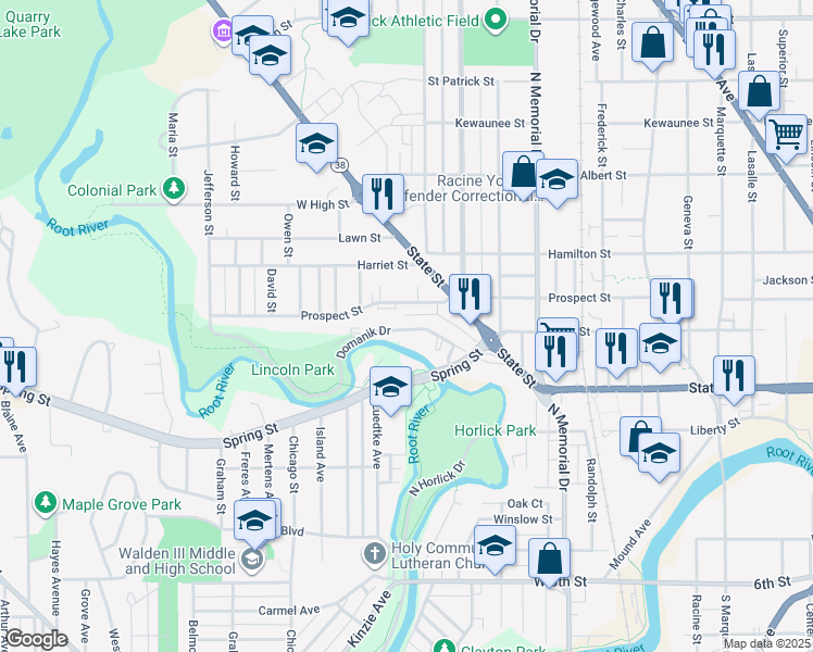 map of restaurants, bars, coffee shops, grocery stores, and more near 1822 Domanik Drive in Racine