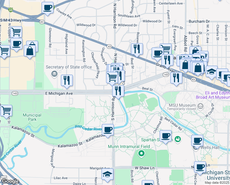 map of restaurants, bars, coffee shops, grocery stores, and more near Michigan State University in East Lansing