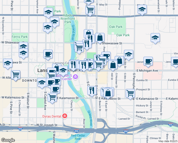 map of restaurants, bars, coffee shops, grocery stores, and more near 110 East Michigan Avenue in Lansing