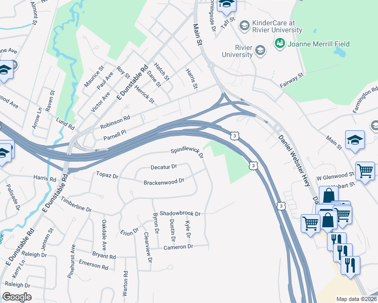 map of restaurants, bars, coffee shops, grocery stores, and more near 47 Spindlewick Drive in Nashua