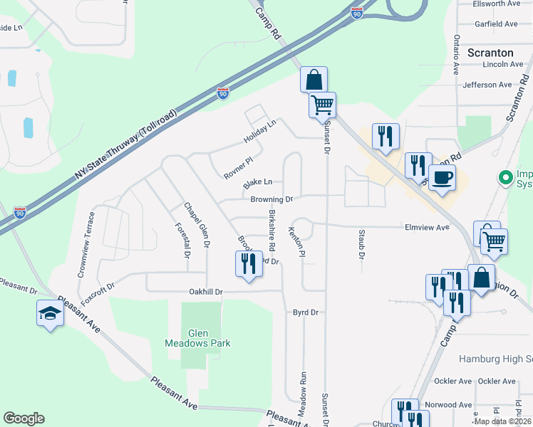 map of restaurants, bars, coffee shops, grocery stores, and more near 73 Birkshire Road in Hamburg