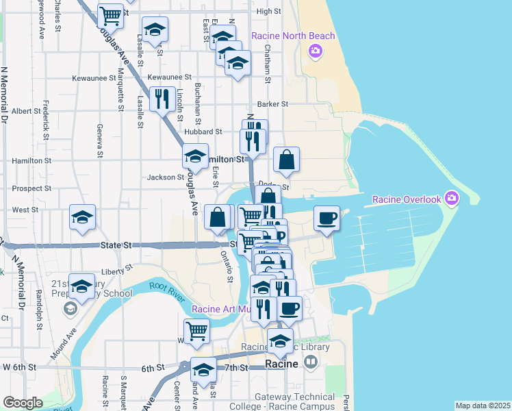 map of restaurants, bars, coffee shops, grocery stores, and more near 7 Main Street in Racine