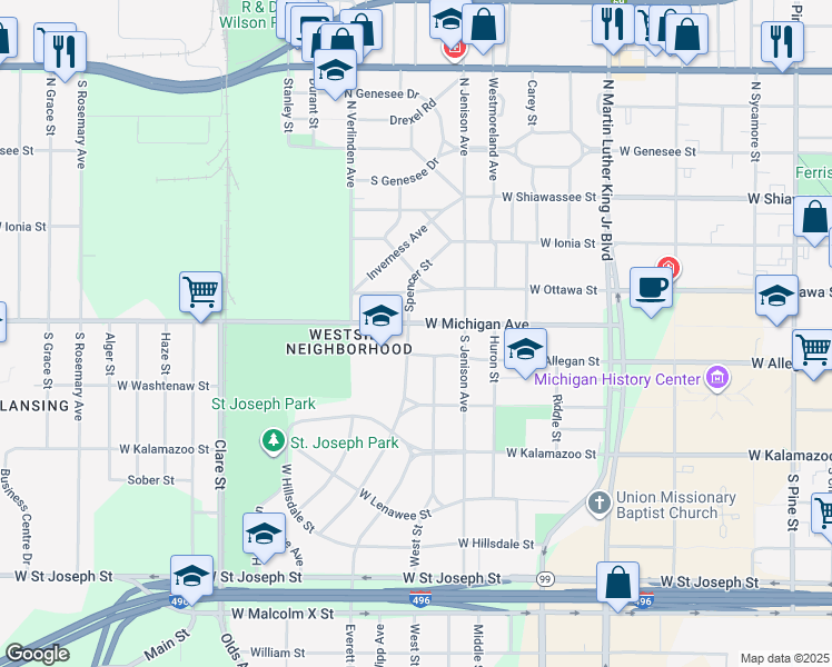 map of restaurants, bars, coffee shops, grocery stores, and more near 101 Mc Pherson Avenue in Lansing