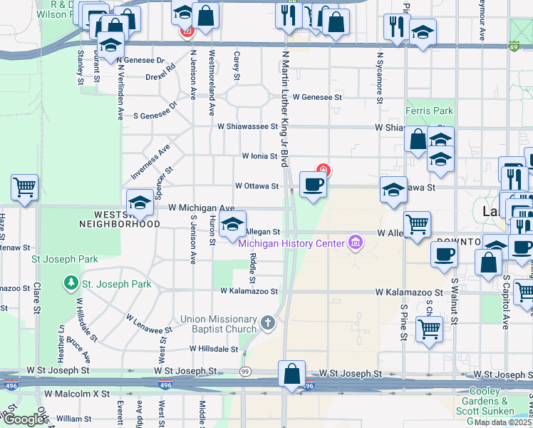 map of restaurants, bars, coffee shops, grocery stores, and more near 1125 West Michigan Avenue in Lansing