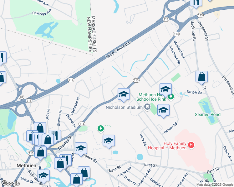 map of restaurants, bars, coffee shops, grocery stores, and more near 110 Pleasant Street in Methuen