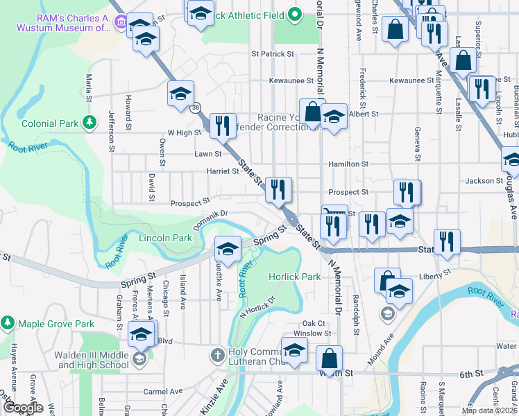 map of restaurants, bars, coffee shops, grocery stores, and more near 1769 Hill Street in Racine