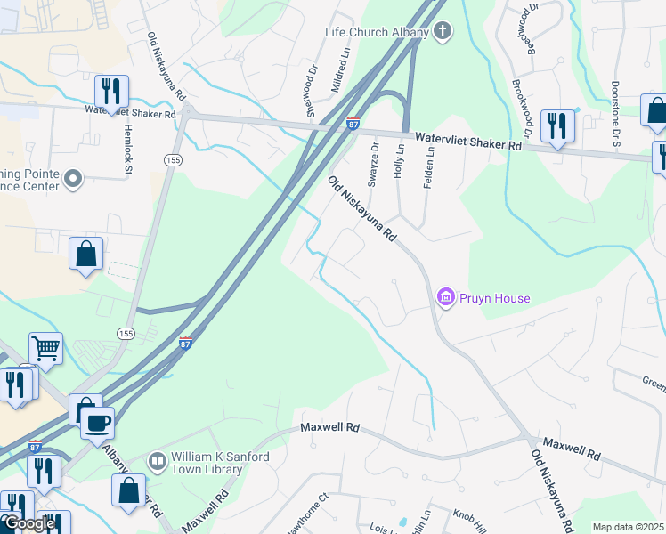 map of restaurants, bars, coffee shops, grocery stores, and more near 3 Bayberry Drive in Latham