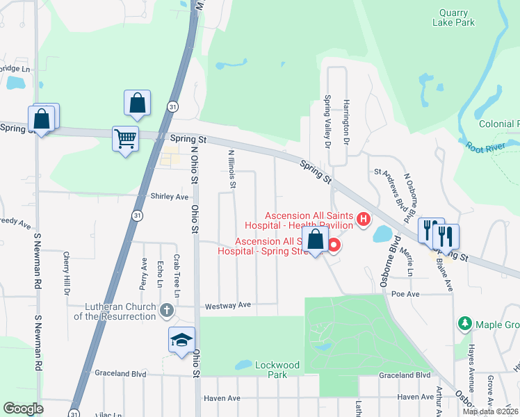 map of restaurants, bars, coffee shops, grocery stores, and more near 19 Oregon Street in Racine