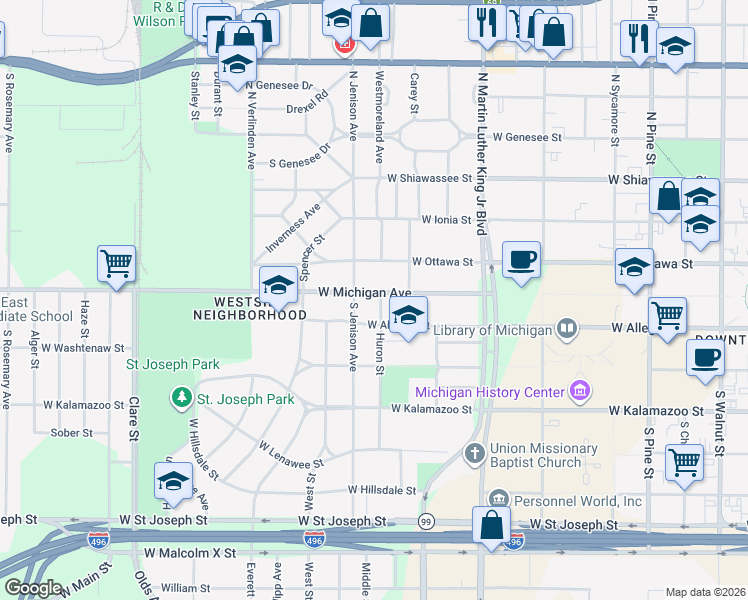 map of restaurants, bars, coffee shops, grocery stores, and more near 1323 West Michigan Avenue in Lansing