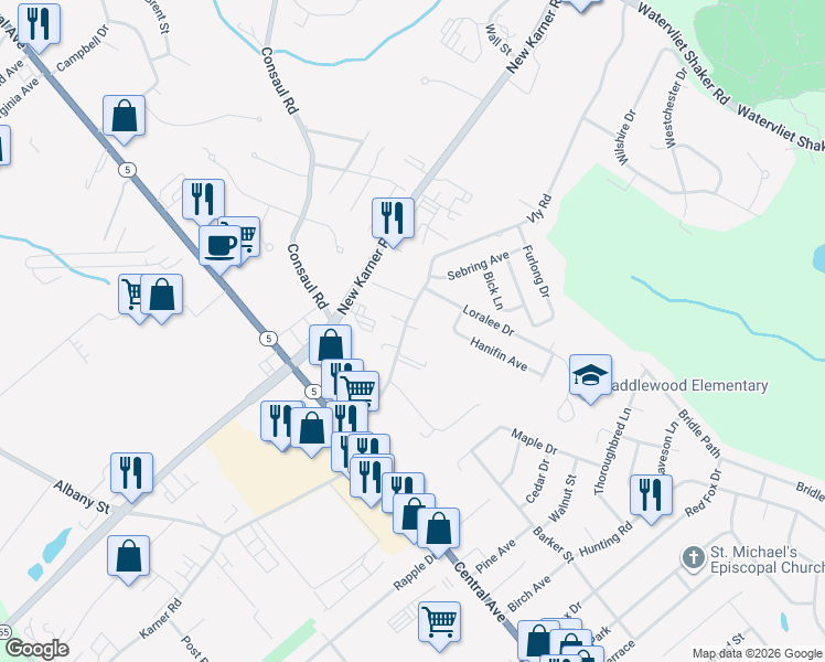 map of restaurants, bars, coffee shops, grocery stores, and more near 33 Vly Road in Colonie