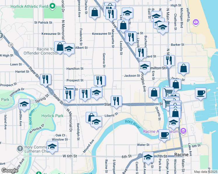map of restaurants, bars, coffee shops, grocery stores, and more near 1108 West Street in Racine