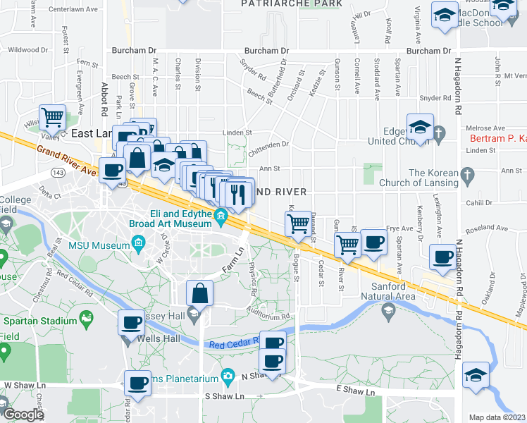 map of restaurants, bars, coffee shops, grocery stores, and more near 141 Orchard St in East Lansing