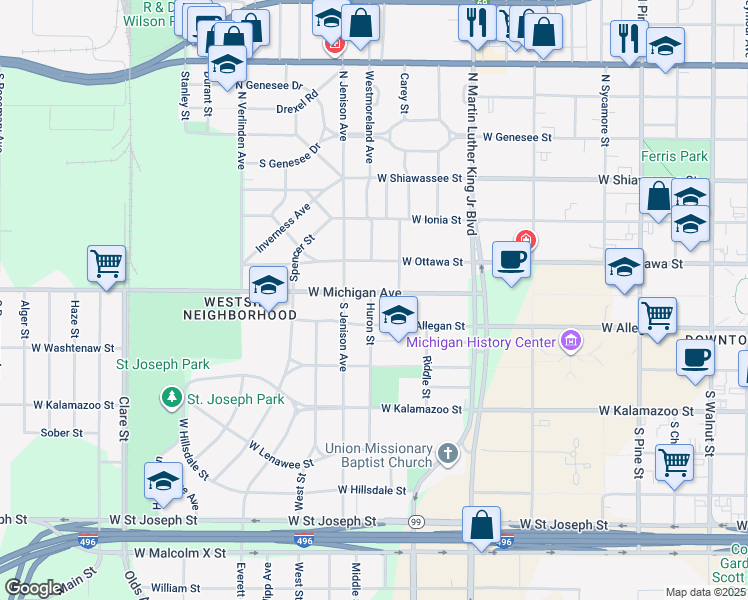 map of restaurants, bars, coffee shops, grocery stores, and more near 1323 West Michigan Avenue in Lansing