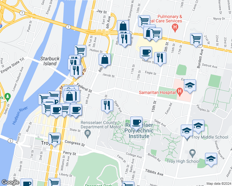 map of restaurants, bars, coffee shops, grocery stores, and more near 911 Peoples Avenue in Troy