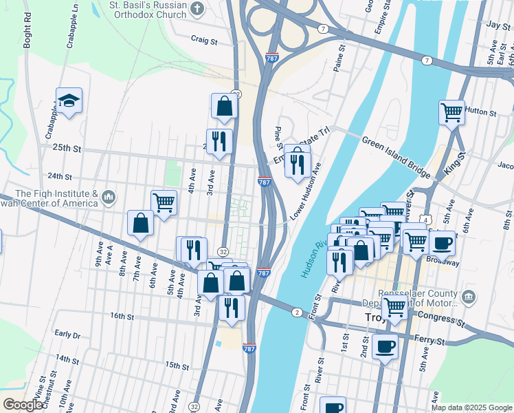map of restaurants, bars, coffee shops, grocery stores, and more near 2332 Broadway in Watervliet