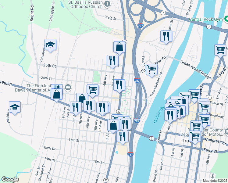 map of restaurants, bars, coffee shops, grocery stores, and more near 2321 3rd Avenue in Watervliet