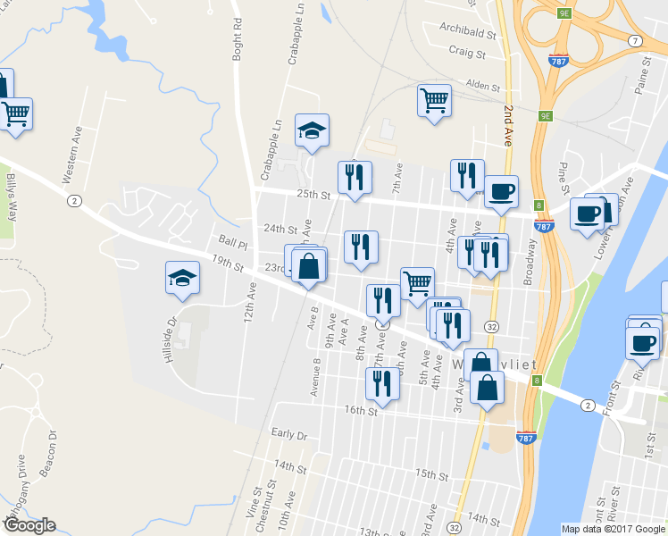 map of restaurants, bars, coffee shops, grocery stores, and more near 821 23rd Street in Watervliet