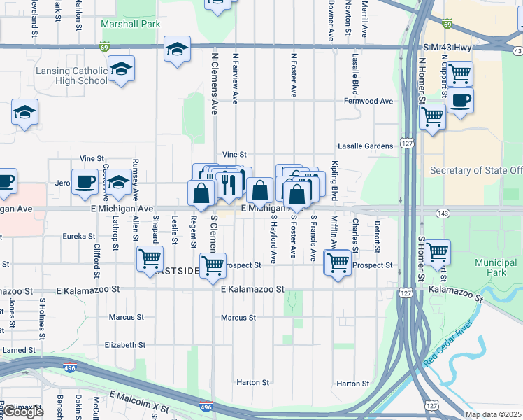 map of restaurants, bars, coffee shops, grocery stores, and more near 2222 East Michigan Avenue in Lansing