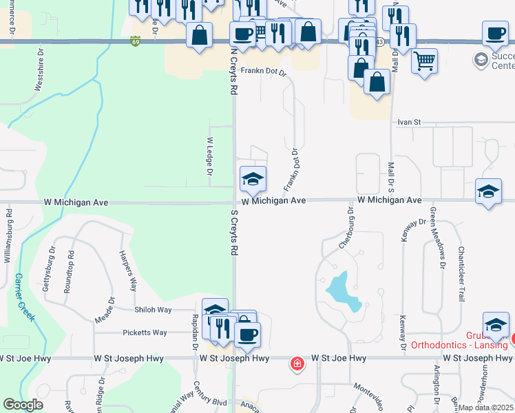 map of restaurants, bars, coffee shops, grocery stores, and more near 111 South Creyts Road in Lansing