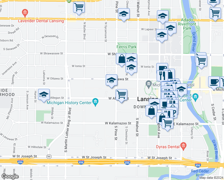 map of restaurants, bars, coffee shops, grocery stores, and more near 608 West Allegan Street in Lansing