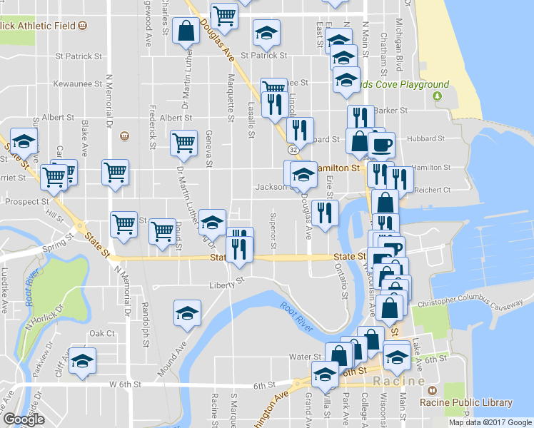 map of restaurants, bars, coffee shops, grocery stores, and more near 1006 Superior Street in Racine