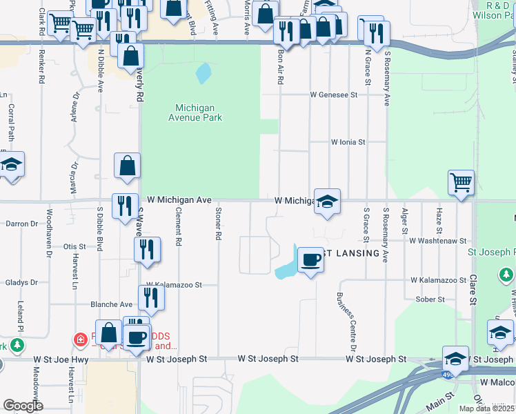 map of restaurants, bars, coffee shops, grocery stores, and more near 3329 West Michigan Avenue in Lansing