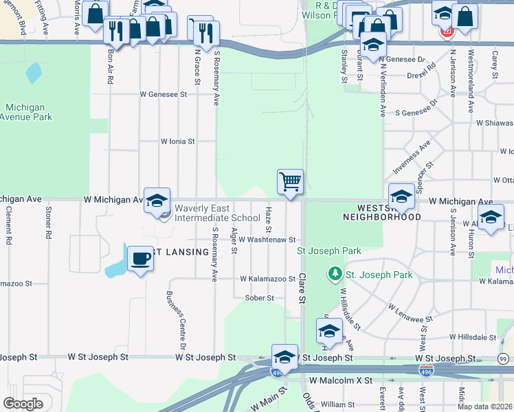 map of restaurants, bars, coffee shops, grocery stores, and more near 2517 West Michigan Avenue in Lansing