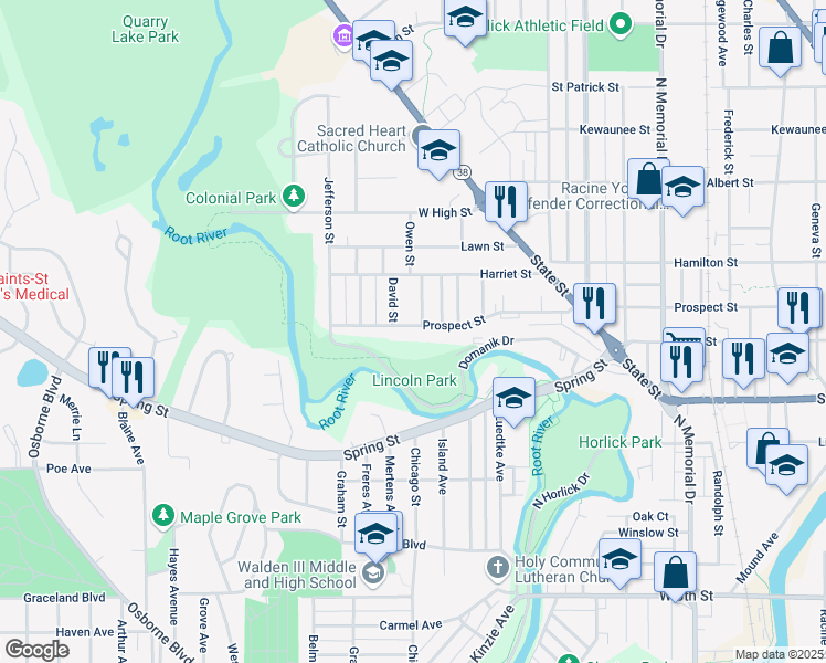 map of restaurants, bars, coffee shops, grocery stores, and more near 2321 Prospect Street in Racine