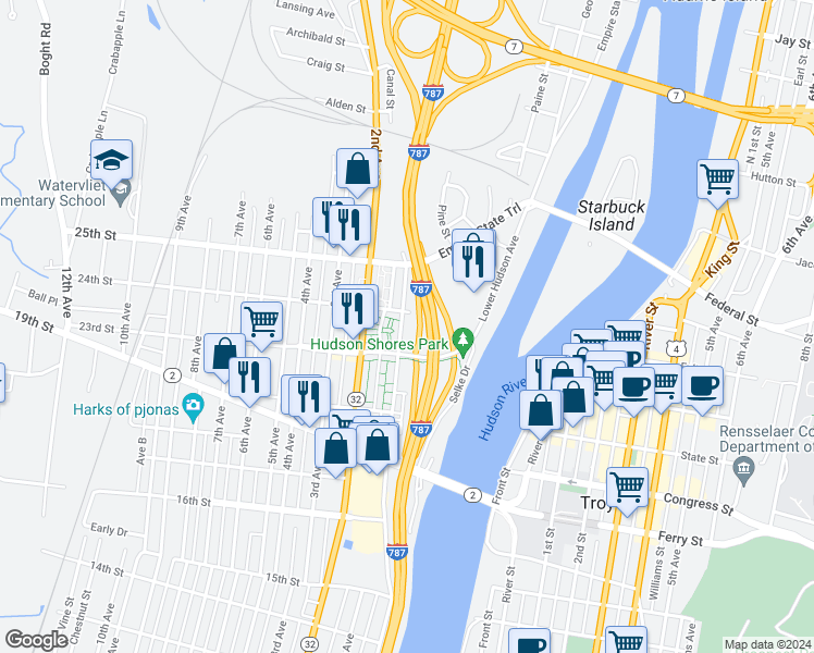 map of restaurants, bars, coffee shops, grocery stores, and more near 2332 Broadway in Watervliet