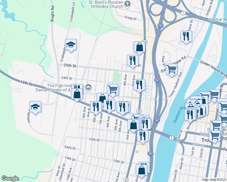 map of restaurants, bars, coffee shops, grocery stores, and more near 2309 6th Avenue in Watervliet