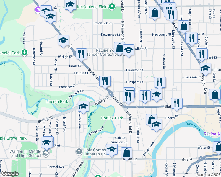 map of restaurants, bars, coffee shops, grocery stores, and more near 1743 Wisconsin 38 Trunk in Racine