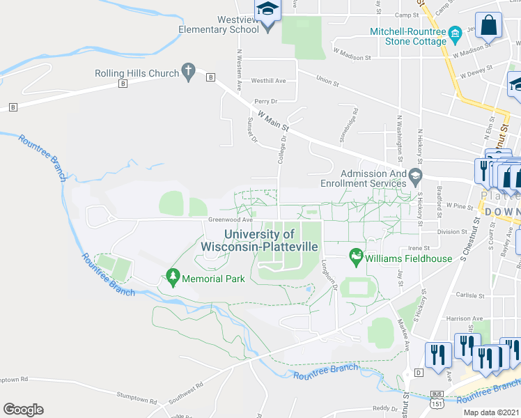 map of restaurants, bars, coffee shops, grocery stores, and more near 1200 Greenwood Avenue in Platteville
