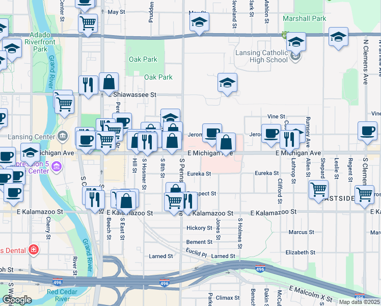 map of restaurants, bars, coffee shops, grocery stores, and more near 1151 East Michigan Avenue in Lansing