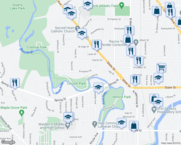 map of restaurants, bars, coffee shops, grocery stores, and more near 2015 Prospect Street in Racine