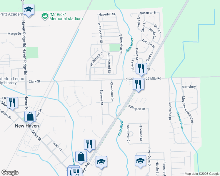 map of restaurants, bars, coffee shops, grocery stores, and more near 58805 Chennault Drive in New Haven