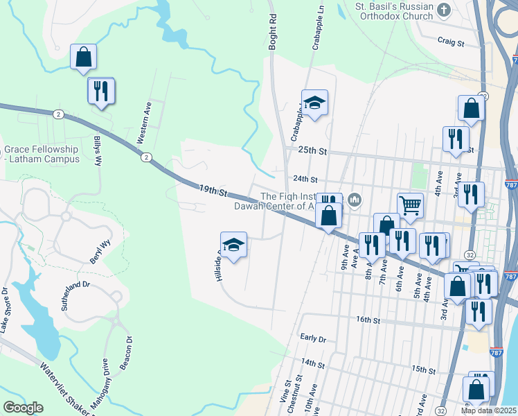 map of restaurants, bars, coffee shops, grocery stores, and more near 1222 19th Street in Watervliet