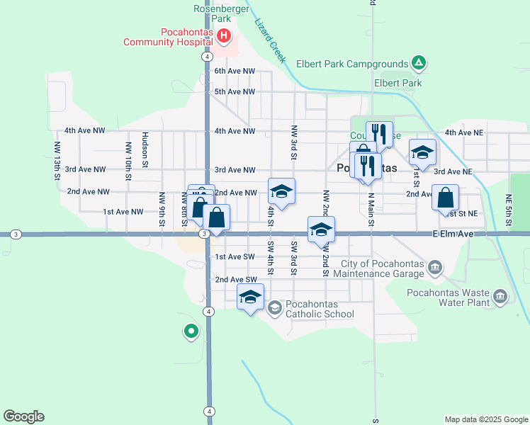 map of restaurants, bars, coffee shops, grocery stores, and more near 105 Northwest 4th Street in Pocahontas
