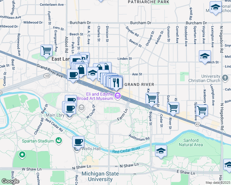map of restaurants, bars, coffee shops, grocery stores, and more near 549 East Grand River Road in East Lansing