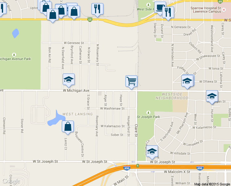 map of restaurants, bars, coffee shops, grocery stores, and more near 2517 West Michigan Avenue in Lansing