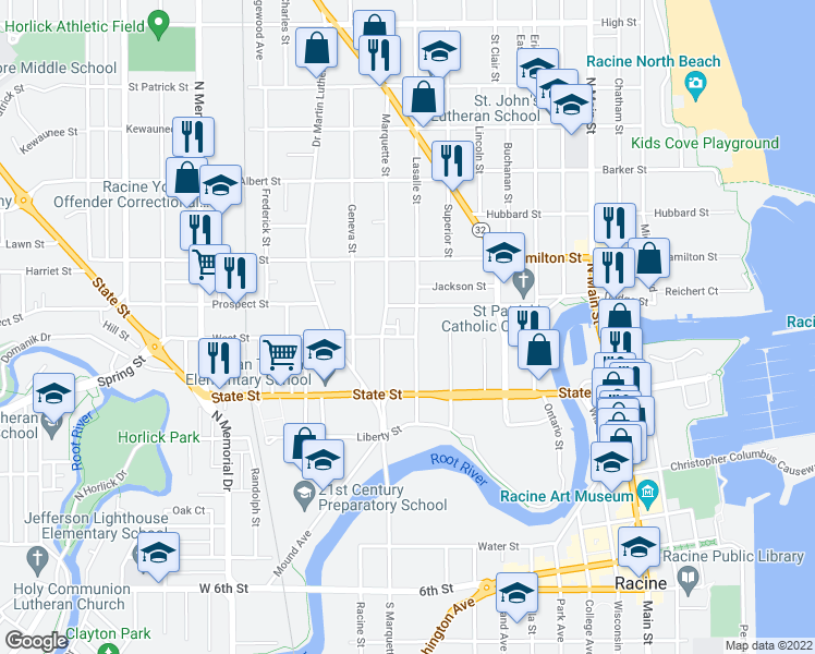 map of restaurants, bars, coffee shops, grocery stores, and more near 1005 Gideon Court in Racine