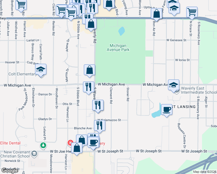 map of restaurants, bars, coffee shops, grocery stores, and more near 3721 West Michigan Avenue in Lansing