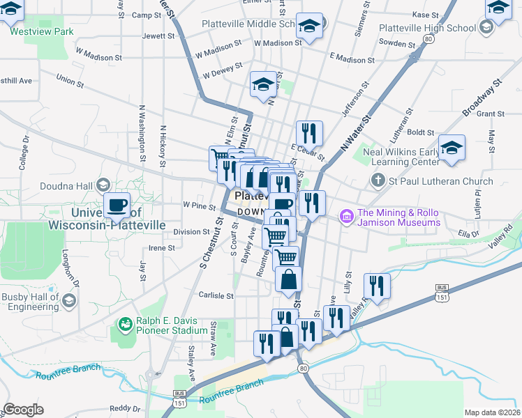 map of restaurants, bars, coffee shops, grocery stores, and more near in Platteville